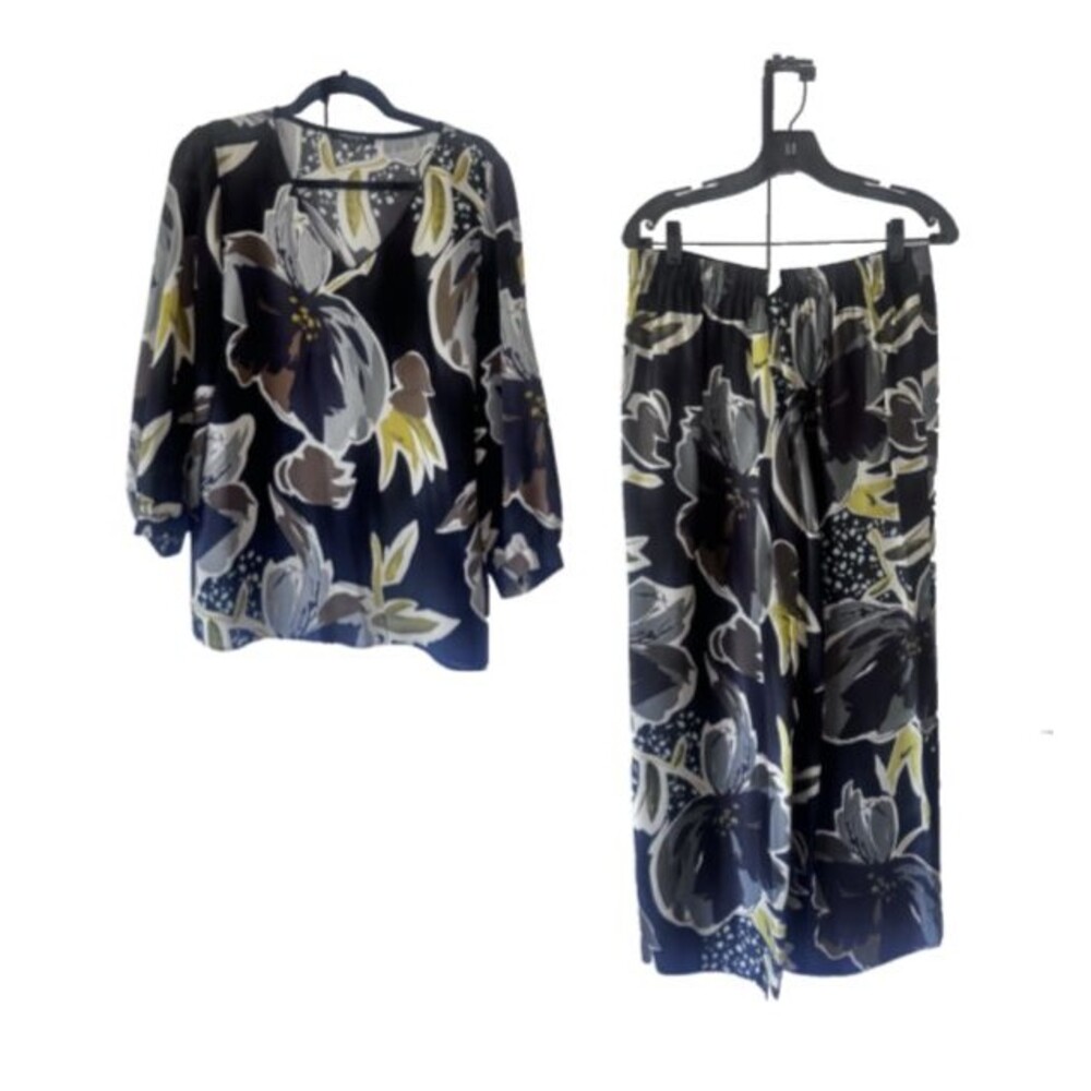 Lafayette 148 New York 100% Silk Floral Blouse Pants Set M Black Botanical